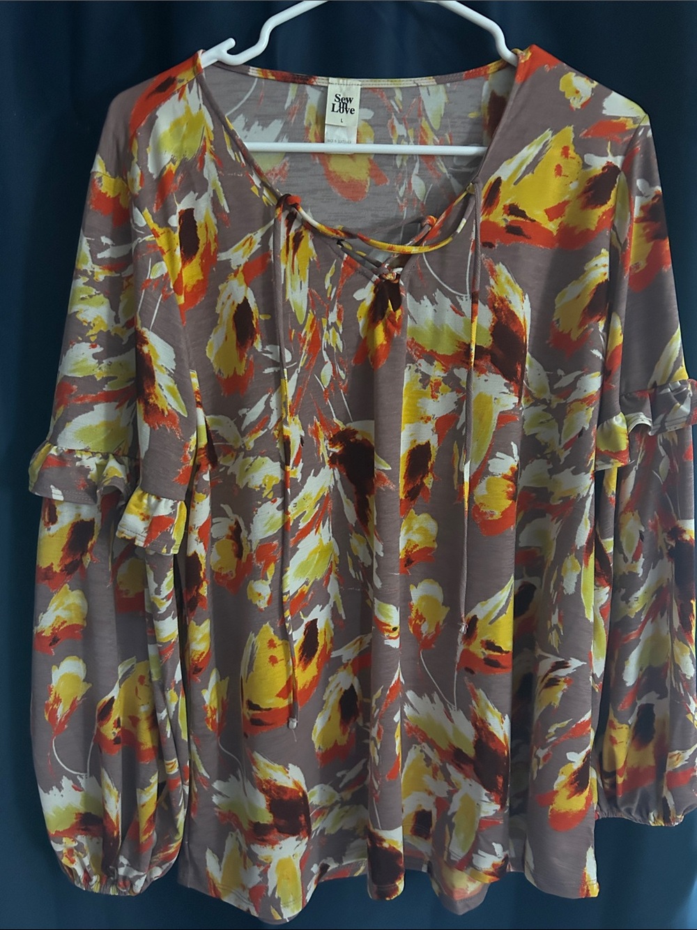 Sew In Love Taupe Floral Tie-Neck Tunic with Yellow & Orange